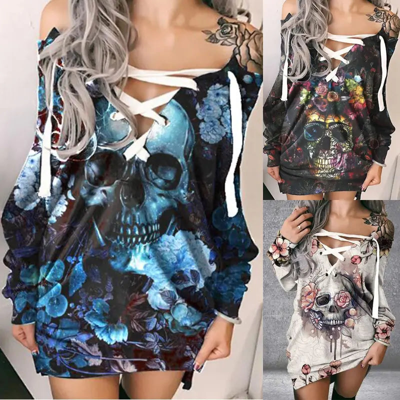 Gothic Skull Print Tie Front Long Sleeve Sweatshirt