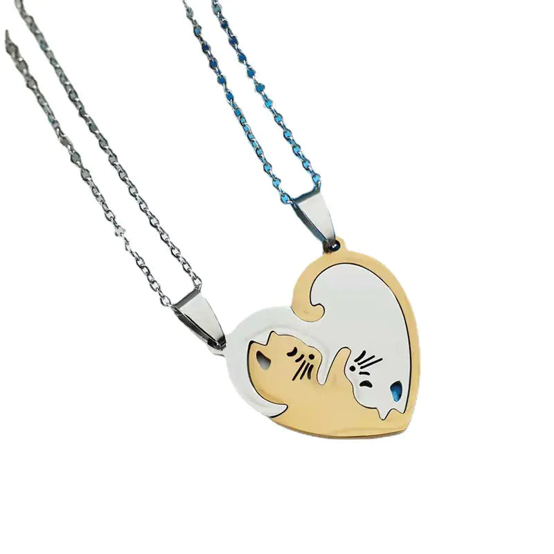 Trendy Couple Friendship Cat Necklace - Titanium Steel Puzzle Pendant