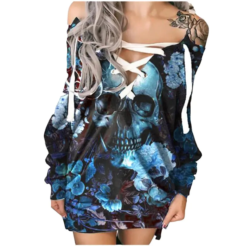 Gothic Skull Print Tie Front Long Sleeve Sweatshirt