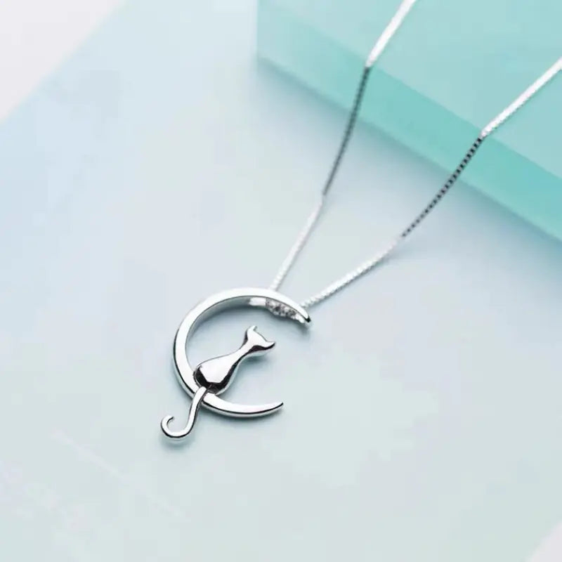 925 Sterling Silver Cute Moon Cat Necklace for Women