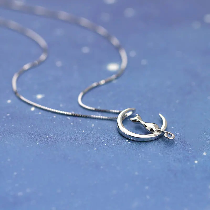 925 Sterling Silver Cute Moon Cat Necklace for Women
