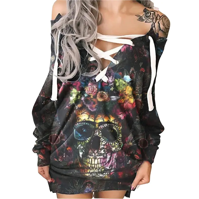Gothic Skull Print Tie Front Long Sleeve Sweatshirt