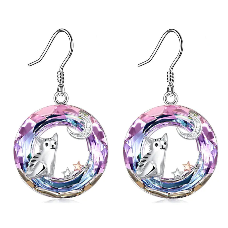 Cute Cat Pendant Necklace with Moon and Stars