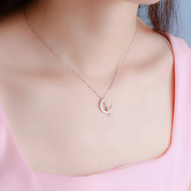 925 Sterling Silver Cute Moon Cat Necklace for Women