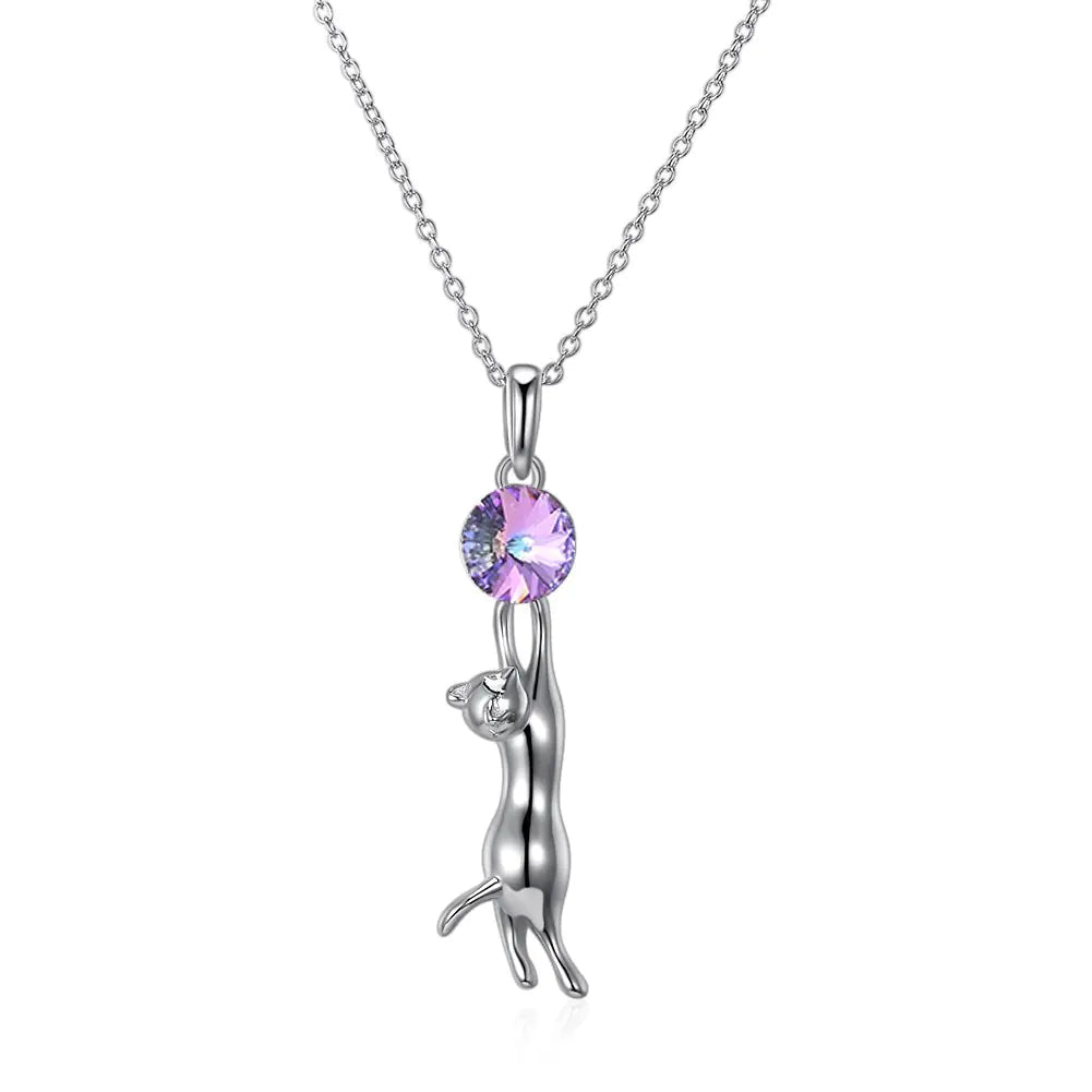 S925 Silver Cat Pendant Necklace with Austrian Crystal