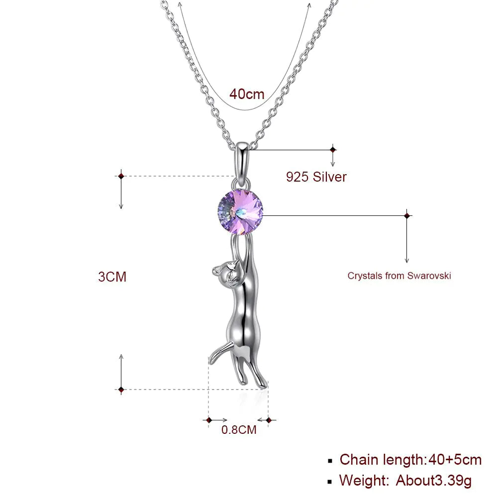 S925 Silver Cat Pendant Necklace with Austrian Crystal