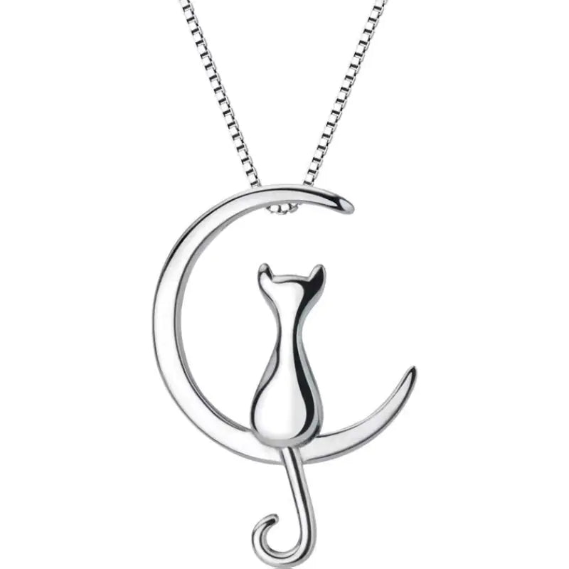 925 Sterling Silver Cute Moon Cat Necklace for Women