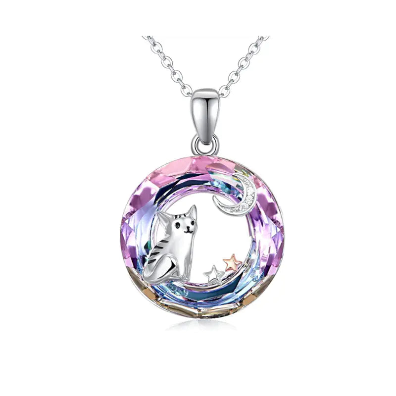 Cute Cat Pendant Necklace with Moon and Stars