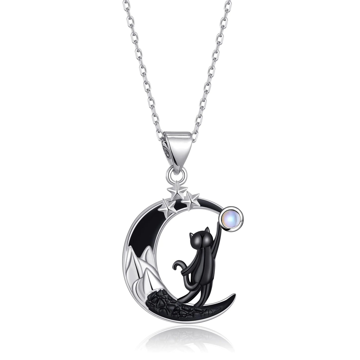 Black Cat Necklace Moon Mountain Moonstone Pendant Gothic Halloween Jewelry Gifts for Women Cat Lovers Christmas (Black Cat Mountain)G
