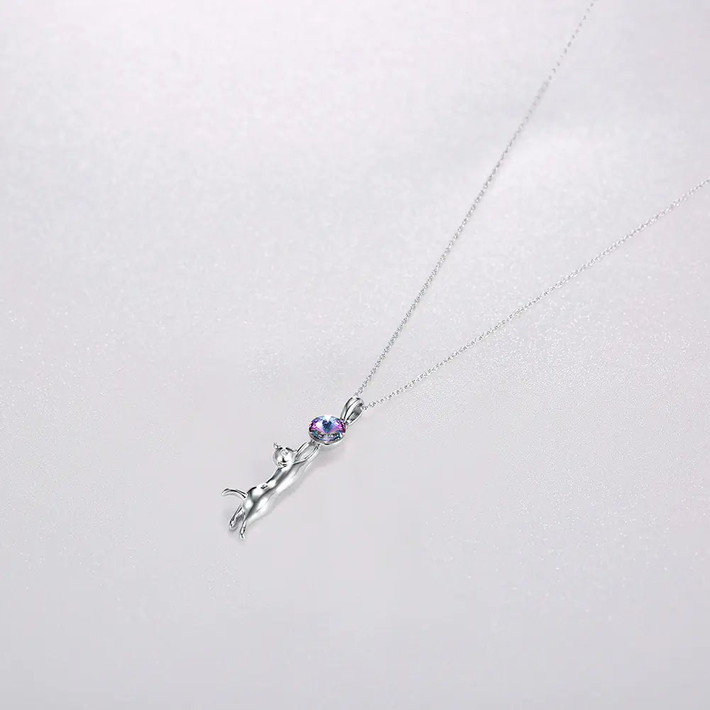 S925 Silver Cat Pendant Necklace with Austrian Crystal