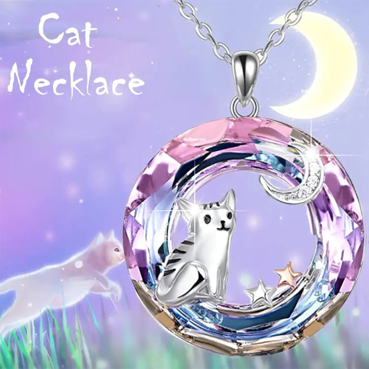 Cute Cat Pendant Necklace with Moon and Stars