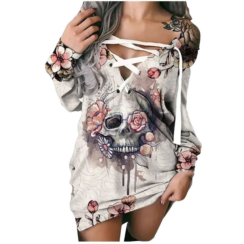 Gothic Skull Print Tie Front Long Sleeve Sweatshirt