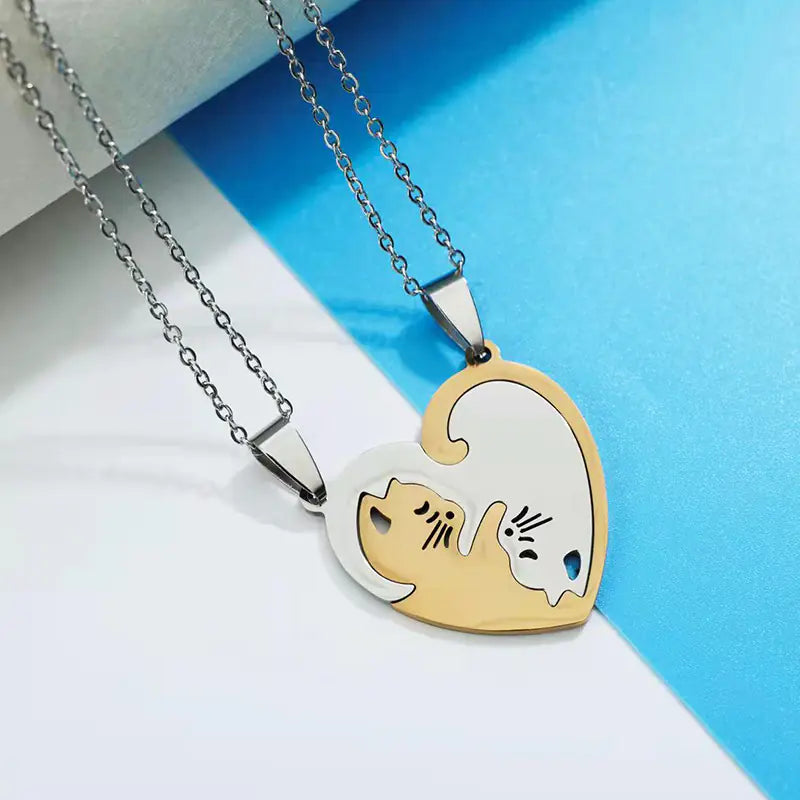 Trendy Couple Friendship Cat Necklace - Titanium Steel Puzzle Pendant