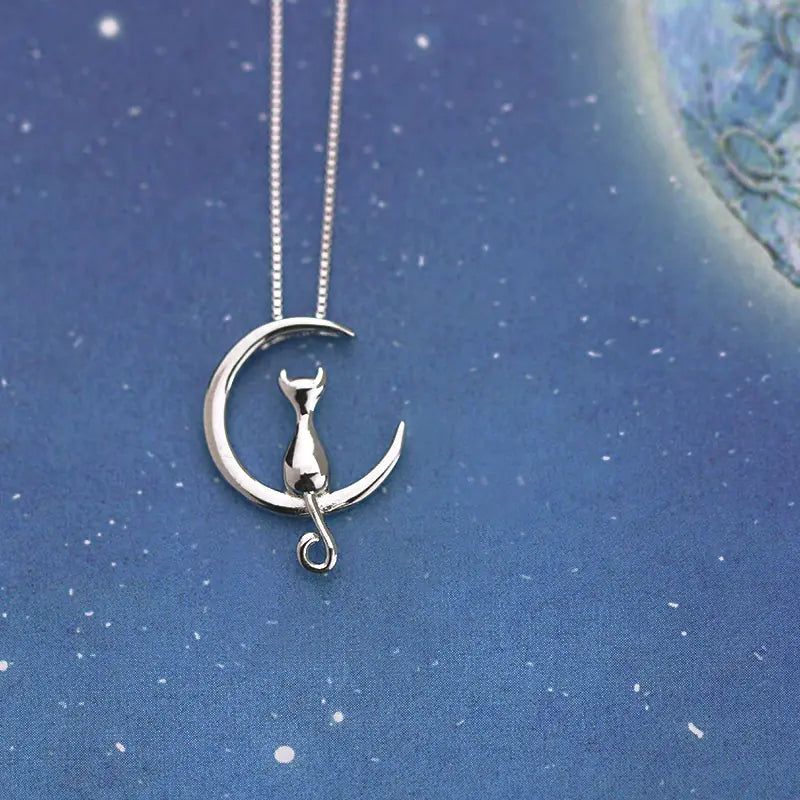 925 Sterling Silver Cute Moon Cat Necklace for Women