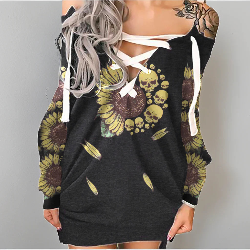 Gothic Skull Print Tie Front Long Sleeve Sweatshirt