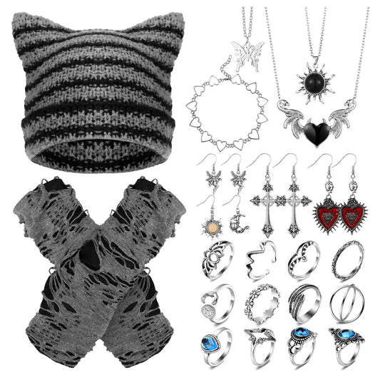22 Pcs Y2k Grunge Knitted Cat Beanie with Fairy Grunge Ripped Glove Earrings Necklace Rings Set Devil Horn Grunge Accessories Slouchy Hat Crochet Beanie with Ears (Black)