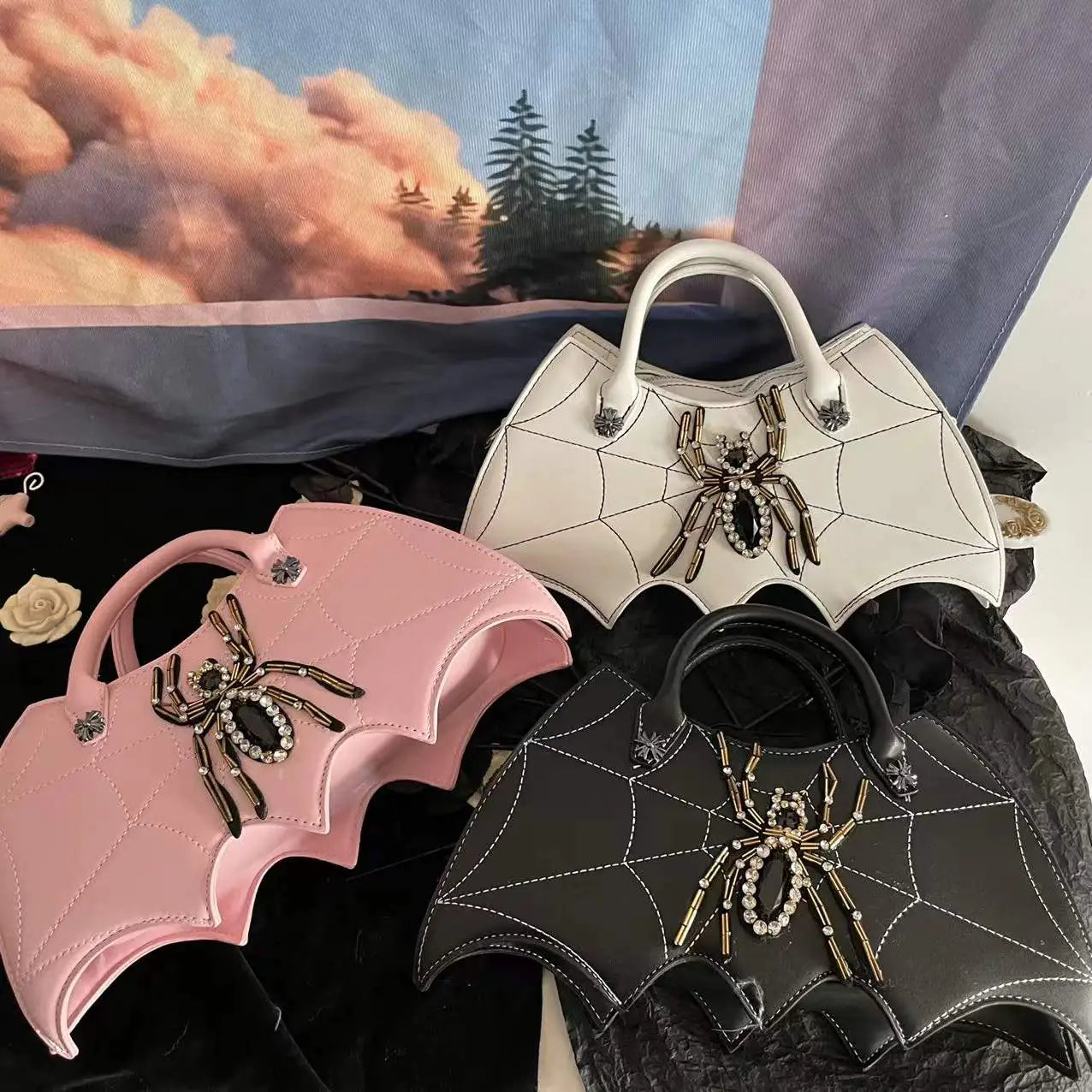 Gothic Vintage Tote with Bat and Spider Web Design