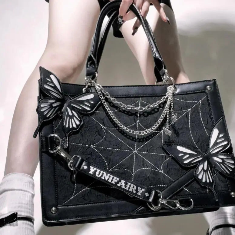 Dark Wind Maze Butterfly Spiderweb Tote Bag - Punk Goth Style