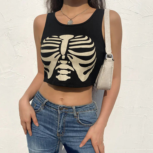 Gothic Skull Print Midriff-Baring Fashion Top