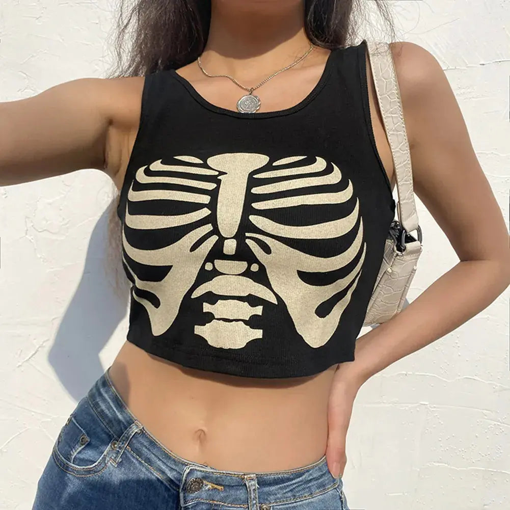 Gothic Skull Print Midriff-Baring Fashion Top