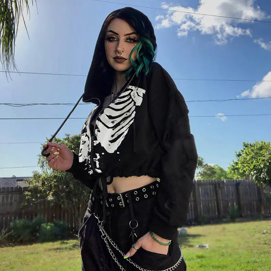 Gothic Long Sleeve Drawstring Crop Hoodie for Women