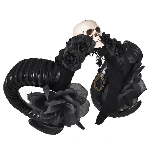 Gothic Black Flower Skull Horn Headband Accessory