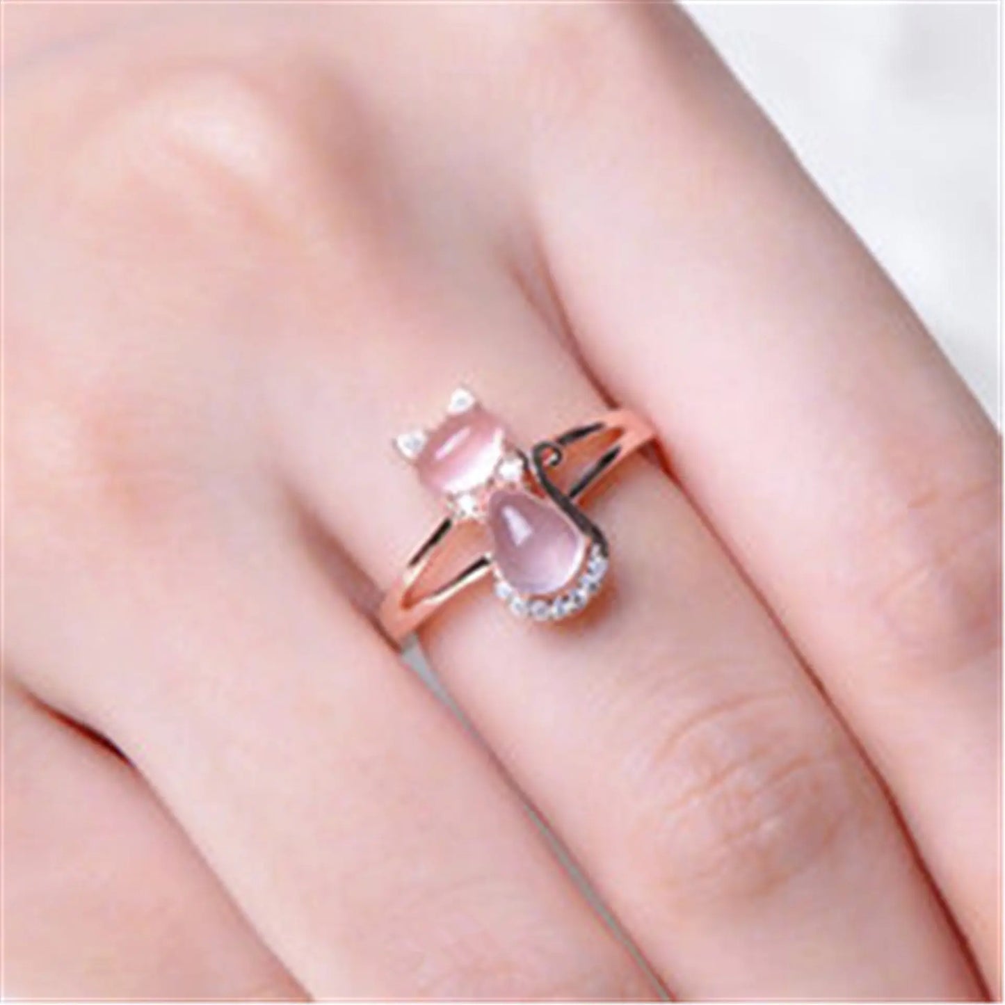 Cat Ring with Natural Pink Crystal