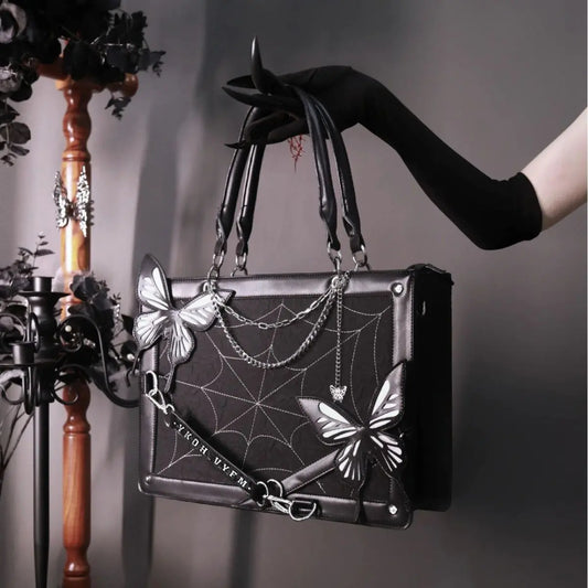 Dark Wind Maze Butterfly Spiderweb Tote Bag - Punk Goth Style