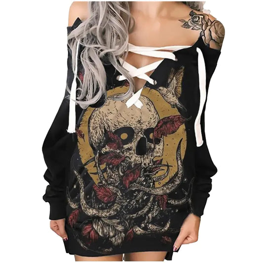Gothic Skull Print Tie Front Long Sleeve Sweatshirt