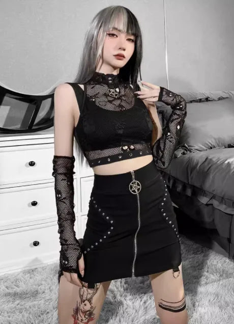 Gothic Two-Piece Lace See-Through Skull Vest