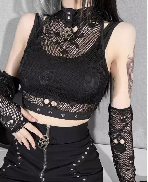 Gothic Two-Piece Lace See-Through Skull Vest