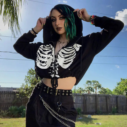 Gothic Long Sleeve Drawstring Crop Hoodie for Women