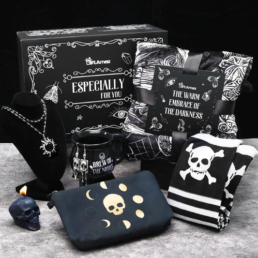 GiftAmaz Gothic Gifts for Women Goth Theme Box with Gothic Coffee Mug Goth Skull Candle Gothic Skull Earrings Blanket and More Christmas Party Basket Gothic Gifts for Teens Girls Friend