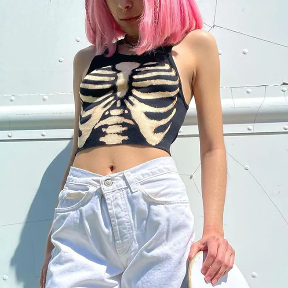 Gothic Skull Print Midriff-Baring Fashion Top