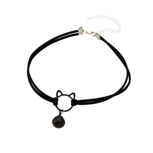 Gothic Hollow Cat Choker Necklace for Women - Double Layer Velvet Choker with Bell Pendant - Black&Black
