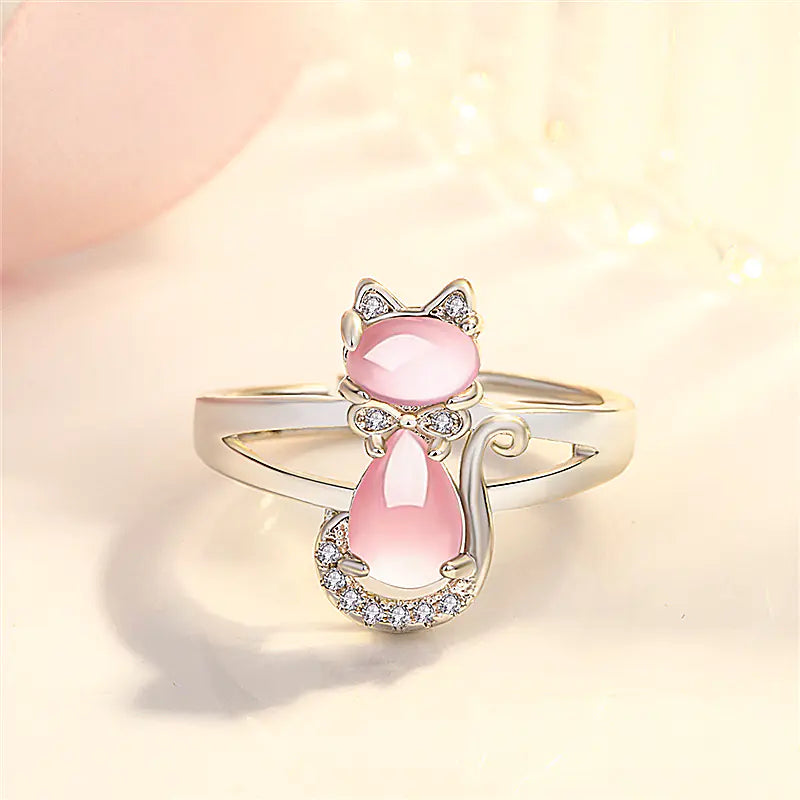 Cat Ring with Natural Pink Crystal