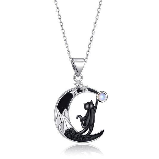 Black Cat Necklace Moon Mountain Moonstone Pendant Gothic Halloween Jewelry Gifts for Women Cat Lovers Christmas (Black Cat Mountain)G