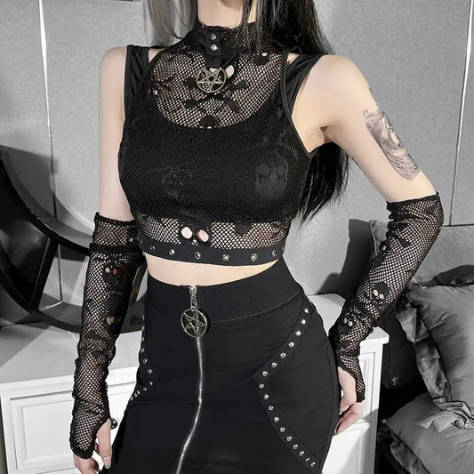 Gothic Two-Piece Lace See-Through Skull Vest