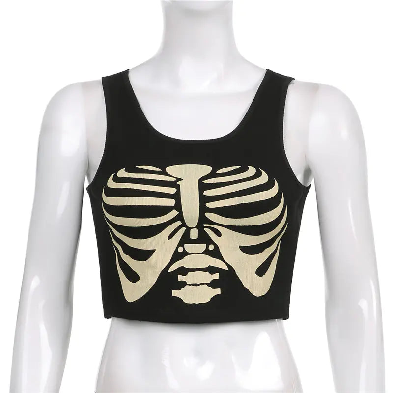 Gothic Skull Print Midriff-Baring Fashion Top
