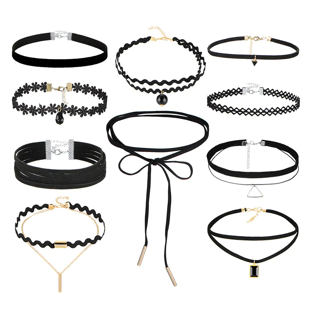 Gothic Minimalist Choker Necklace Set with Lace