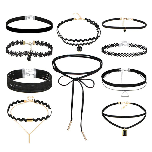 Gothic Minimalist Choker Necklace Set with Lace