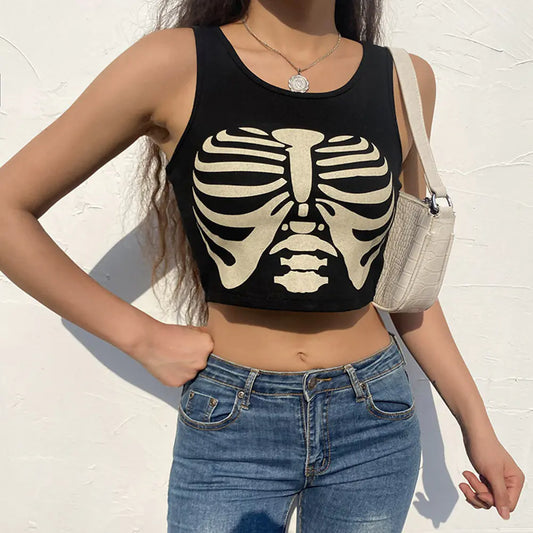 Gothic Skull Print Midriff-Baring Fashion Top