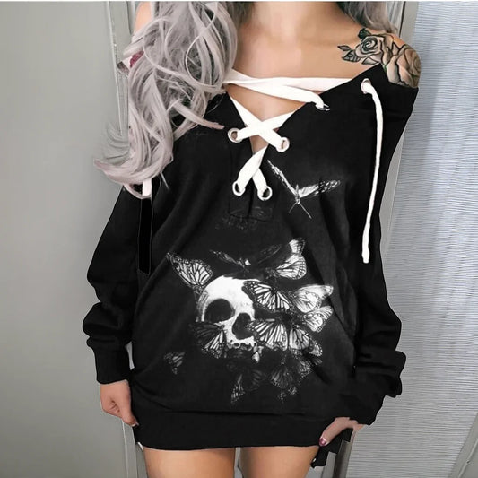 Gothic Skull Print Tie Front Long Sleeve Sweatshirt