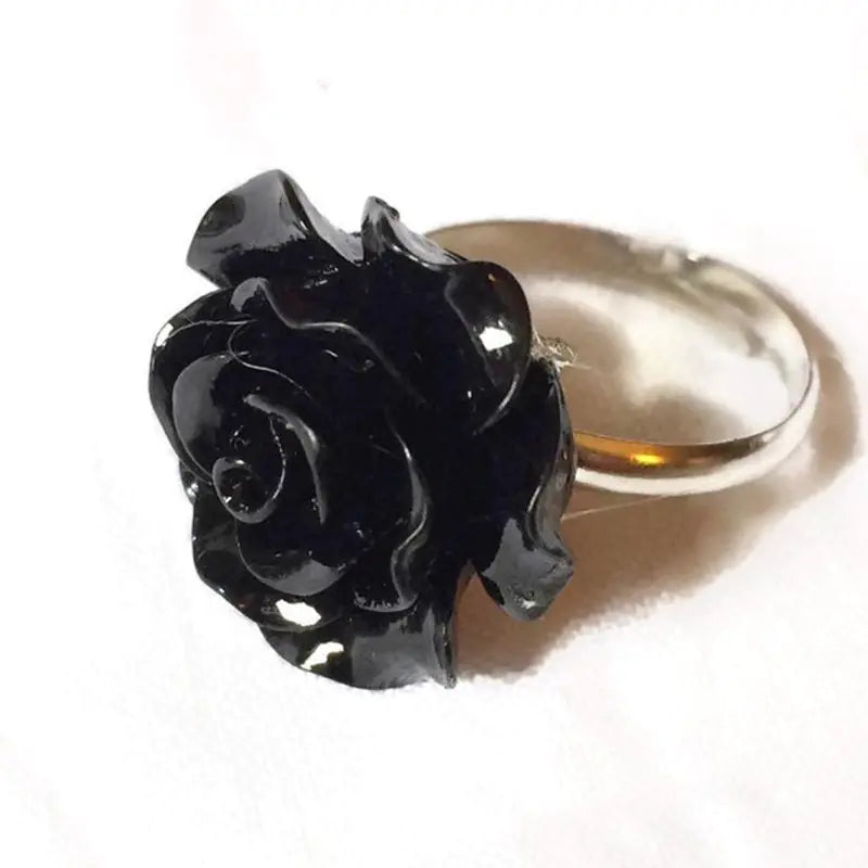 Vintage Gothic Black Flower Adjustable Resin Ring