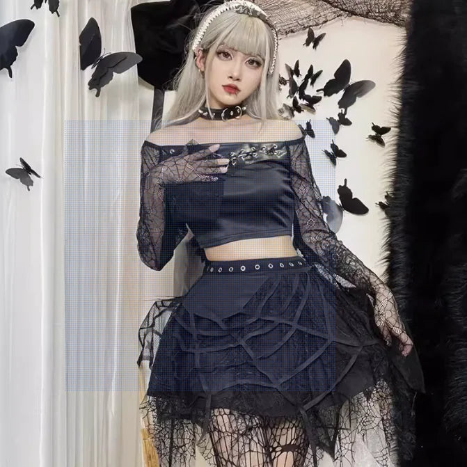 Gothic Two-Piece Lace See-Through Skull Vest