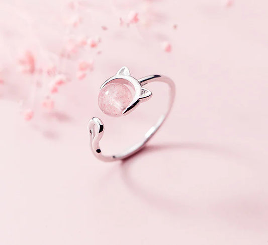 S925 Silver Cat Ring with Rose Quartz Adjustable Design